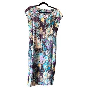 Wesleerose Floral Cap Sleeve Sheath Dress Watercolor Print  Purple Yellow Size 6